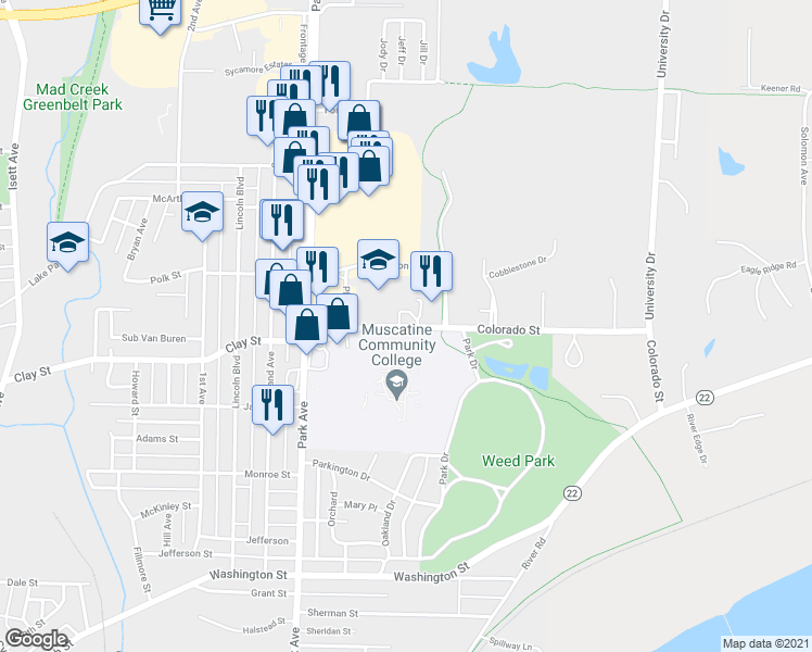 map of restaurants, bars, coffee shops, grocery stores, and more near 149 Colorado Street in Muscatine