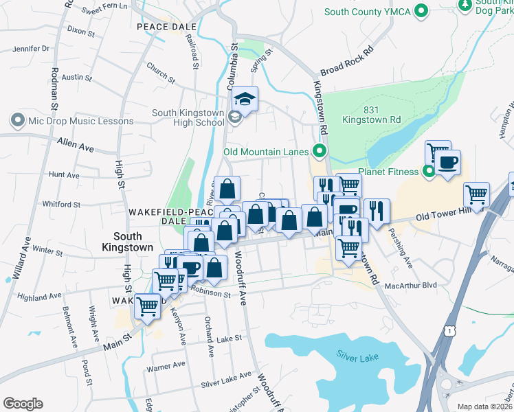 map of restaurants, bars, coffee shops, grocery stores, and more near 12 Hendricks Street in South Kingstown