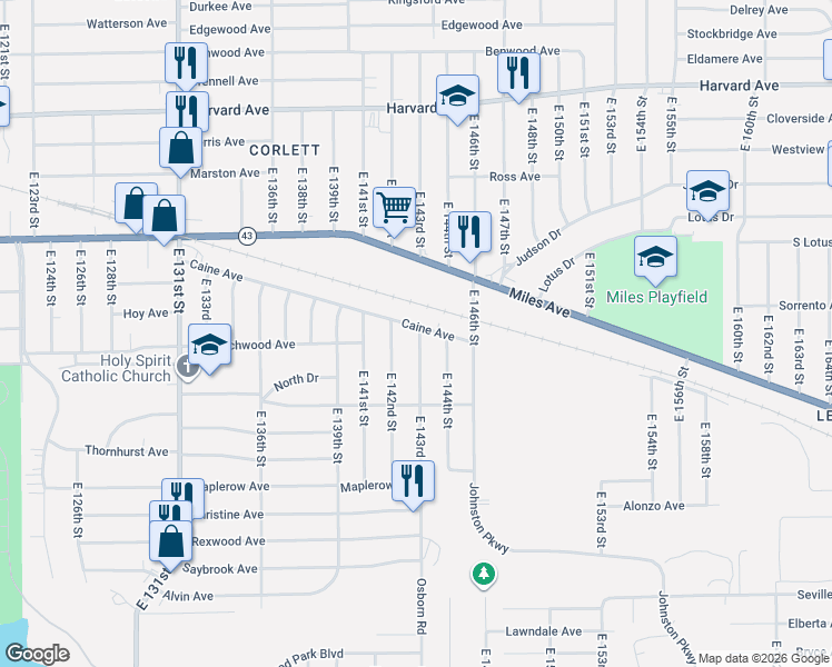 map of restaurants, bars, coffee shops, grocery stores, and more near 4328 East 143rd Street in Cleveland