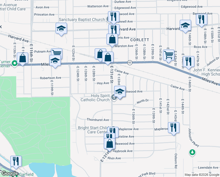 map of restaurants, bars, coffee shops, grocery stores, and more near 13102 Beachwood Avenue in Cleveland