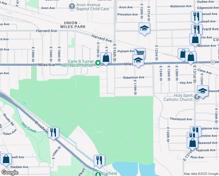 map of restaurants, bars, coffee shops, grocery stores, and more near 4318 East 116th Street in Cleveland