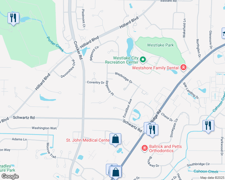 map of restaurants, bars, coffee shops, grocery stores, and more near 3162 Hampshire Place in Westlake