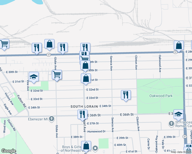 map of restaurants, bars, coffee shops, grocery stores, and more near 1852 East 31st Street in Lorain