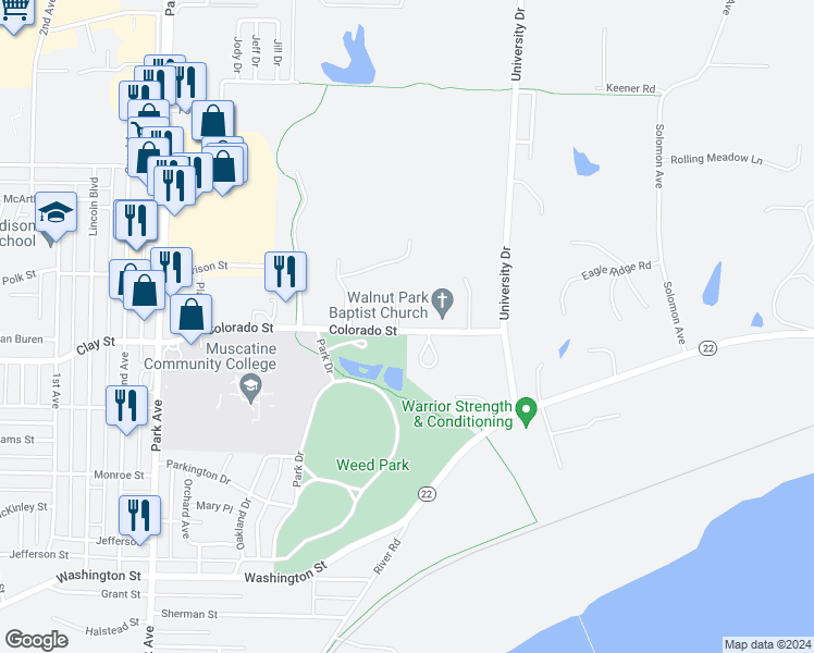 map of restaurants, bars, coffee shops, grocery stores, and more near 201 Colorado Street in Muscatine