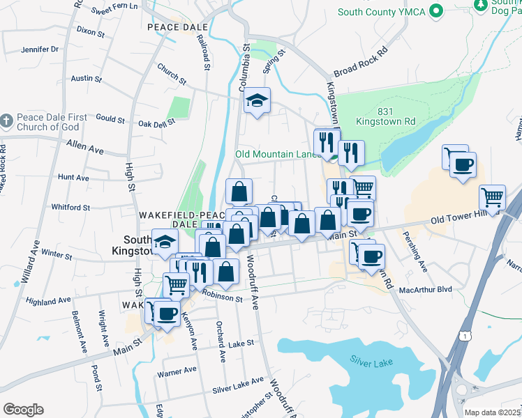 map of restaurants, bars, coffee shops, grocery stores, and more near 24 Hazard Street in South Kingstown