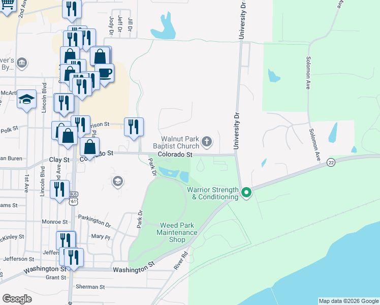 map of restaurants, bars, coffee shops, grocery stores, and more near 201 Colorado Street in Muscatine