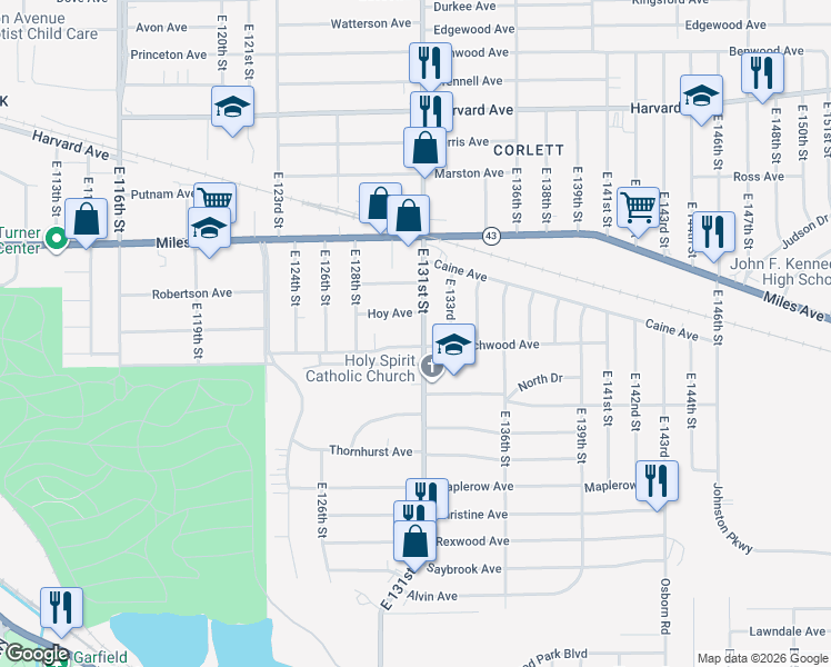 map of restaurants, bars, coffee shops, grocery stores, and more near 13102 Beachwood Avenue in Cleveland