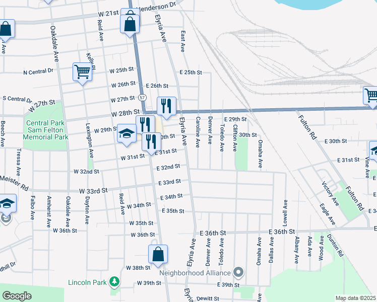 map of restaurants, bars, coffee shops, grocery stores, and more near 3143 Elyria Avenue in Lorain