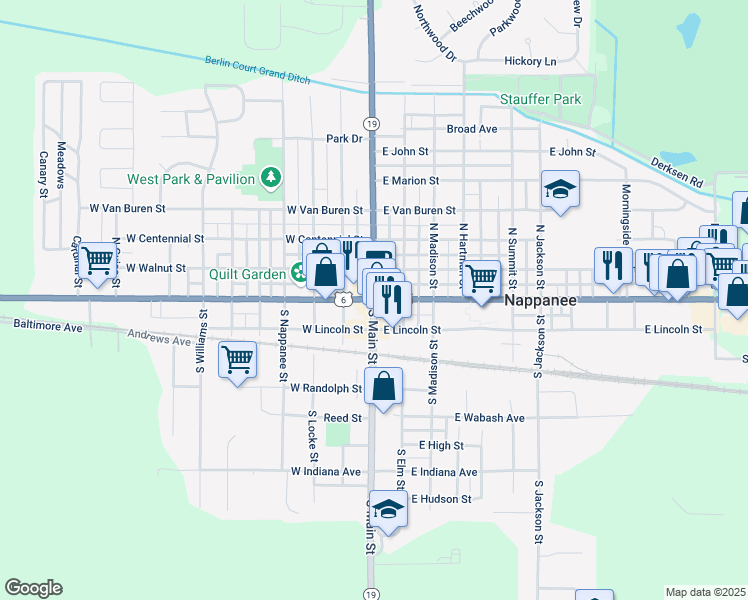 map of restaurants, bars, coffee shops, grocery stores, and more near in Nappanee