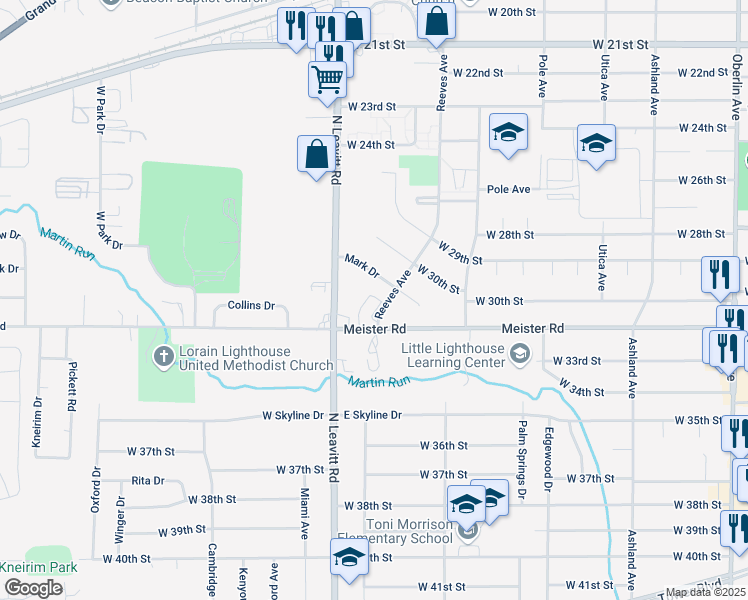 map of restaurants, bars, coffee shops, grocery stores, and more near 3056 Reeves Avenue in Lorain