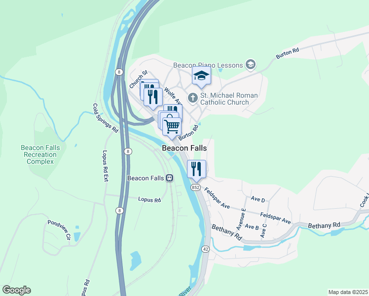 map of restaurants, bars, coffee shops, grocery stores, and more near in Beacon Falls