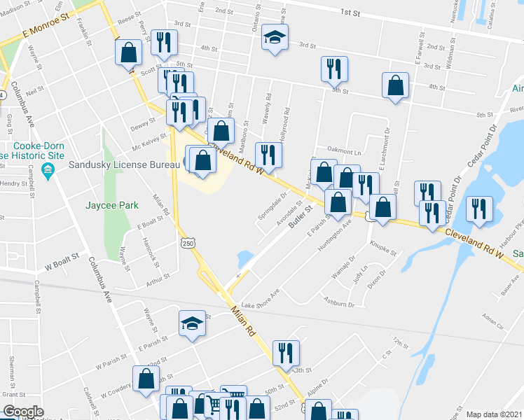 map of restaurants, bars, coffee shops, grocery stores, and more near 1343 Springdale Drive in Sandusky