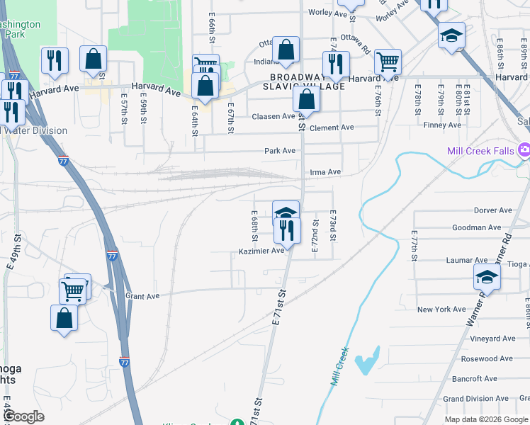 map of restaurants, bars, coffee shops, grocery stores, and more near 6913 Krakow Avenue in Cleveland