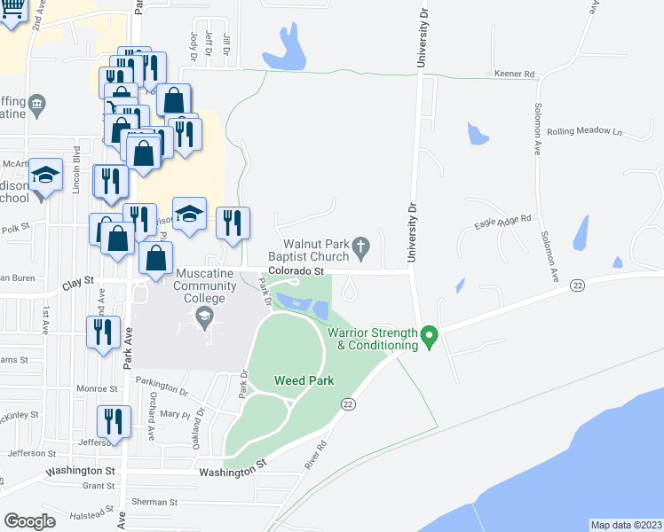 map of restaurants, bars, coffee shops, grocery stores, and more near 209 Colorado Street in Muscatine