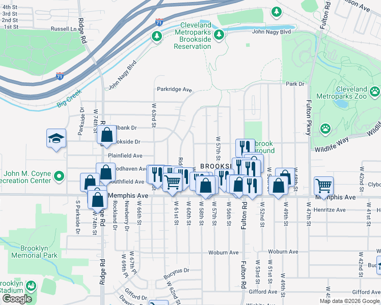 map of restaurants, bars, coffee shops, grocery stores, and more near 4211 West 59th Street in Cleveland