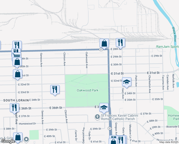map of restaurants, bars, coffee shops, grocery stores, and more near 2103 East 31st Street in Lorain