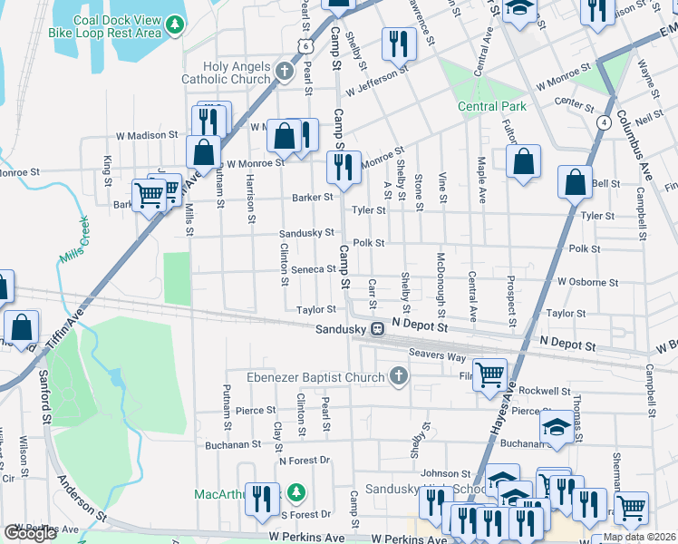 map of restaurants, bars, coffee shops, grocery stores, and more near 1527 Camp Street in Sandusky