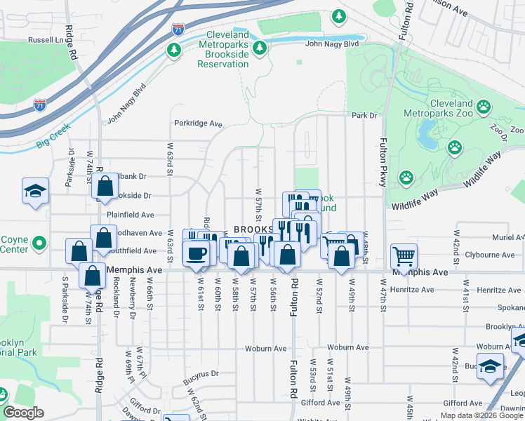 map of restaurants, bars, coffee shops, grocery stores, and more near 4212 West 57th Street in Cleveland