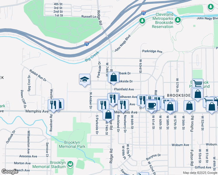 map of restaurants, bars, coffee shops, grocery stores, and more near 4215 Ridge Road in Cleveland