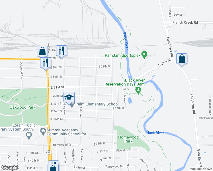 map of restaurants, bars, coffee shops, grocery stores, and more near 2521 East 32nd Street in Lorain