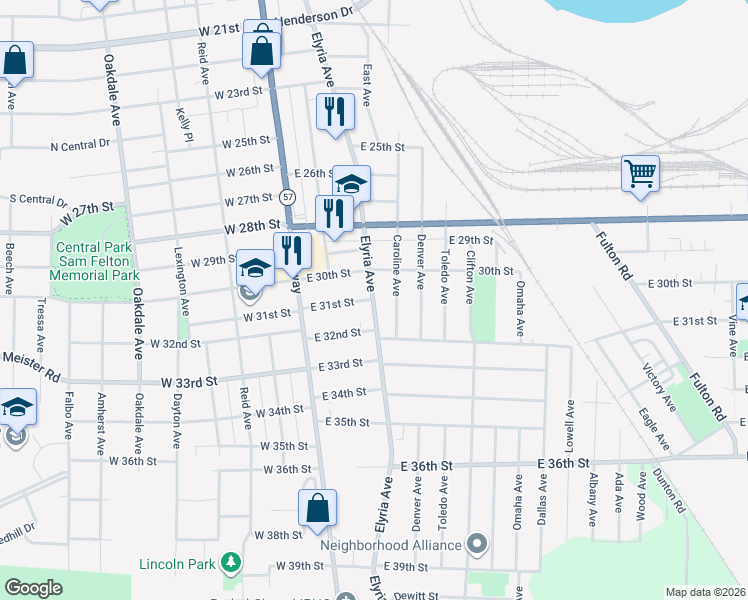 map of restaurants, bars, coffee shops, grocery stores, and more near 3143 Elyria Avenue in Lorain