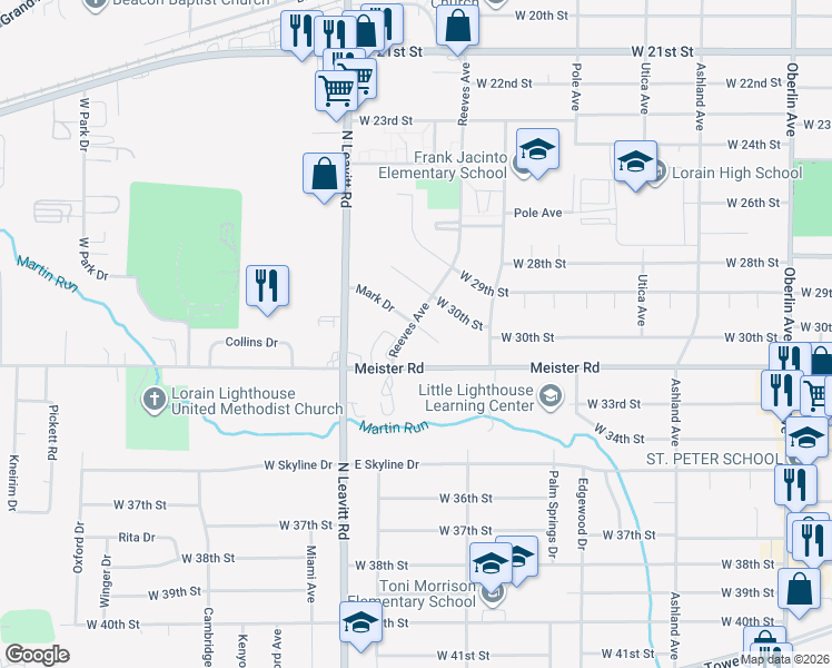 map of restaurants, bars, coffee shops, grocery stores, and more near 1948 Meister Road in Lorain