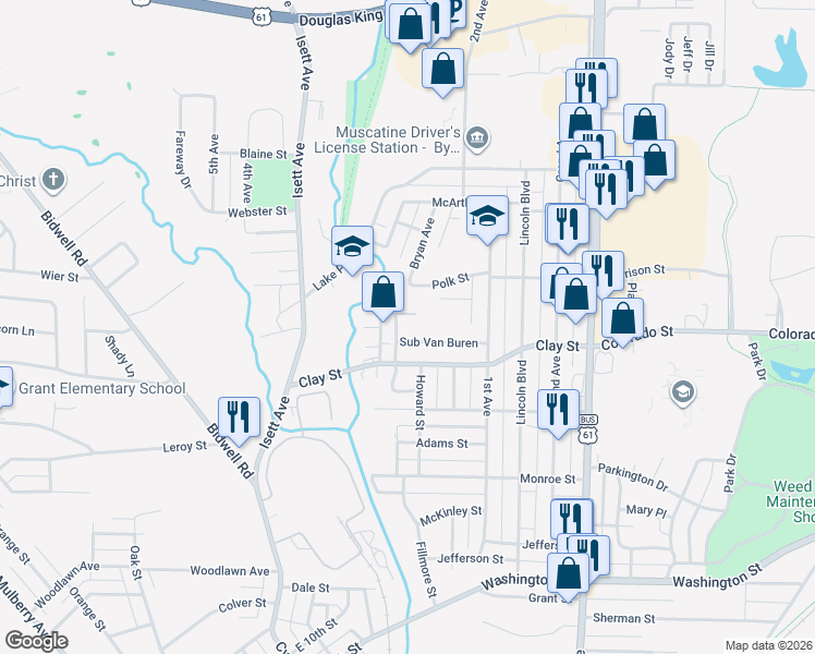map of restaurants, bars, coffee shops, grocery stores, and more near 600-698 Sub Van Buren in Muscatine
