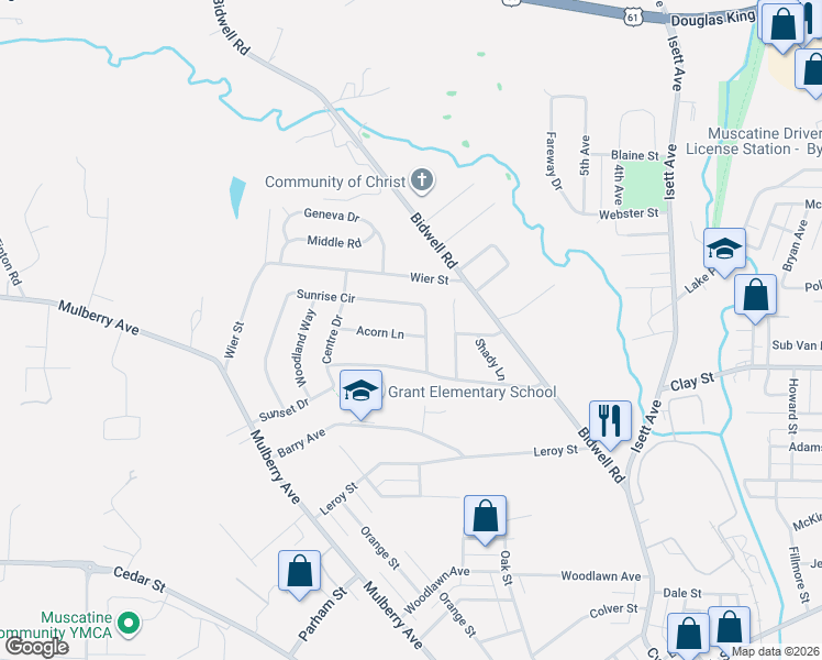 map of restaurants, bars, coffee shops, grocery stores, and more near 1211 Sunrise Cir in Muscatine