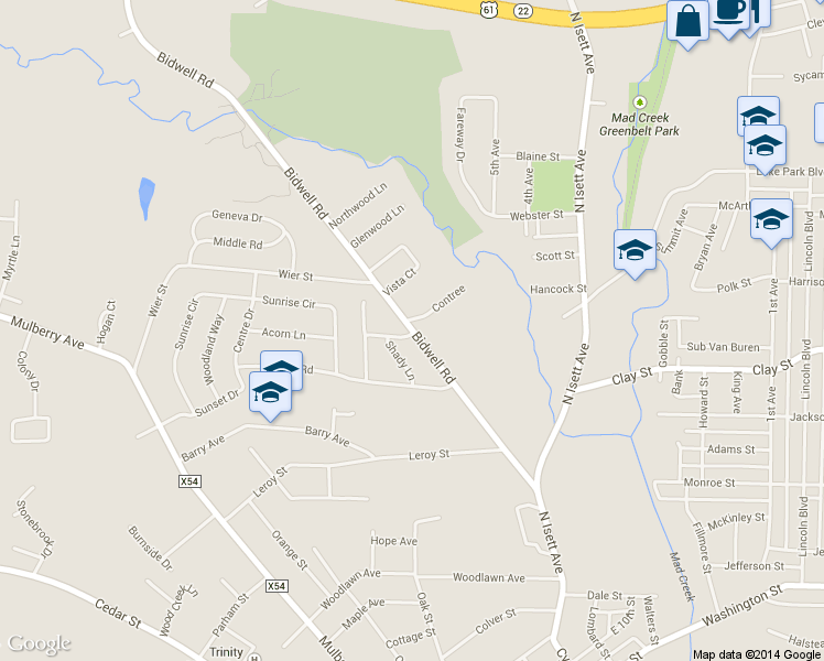 map of restaurants, bars, coffee shops, grocery stores, and more near 2020 Bidwell Road in Muscatine