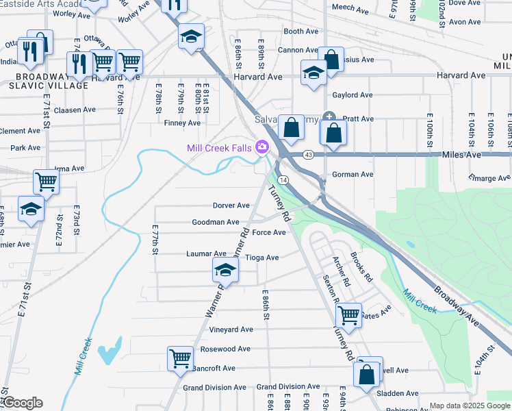 map of restaurants, bars, coffee shops, grocery stores, and more near Warner Rd & Dorver Ave in Cleveland