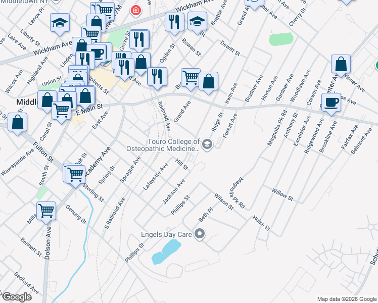 map of restaurants, bars, coffee shops, grocery stores, and more near 64 Prospect Avenue in Middletown