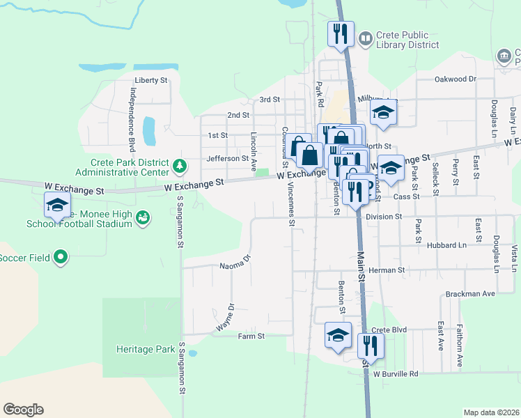 map of restaurants, bars, coffee shops, grocery stores, and more near 25 Ashley Court in Crete