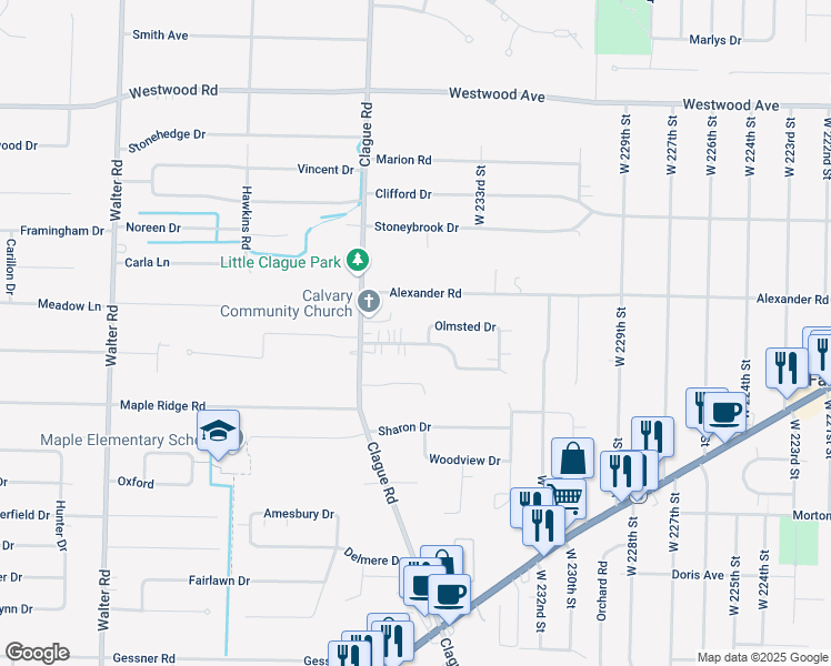 map of restaurants, bars, coffee shops, grocery stores, and more near 23559 Alexander Road in North Olmsted