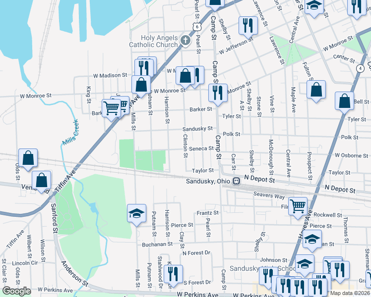 map of restaurants, bars, coffee shops, grocery stores, and more near Clinton Street in Sandusky
