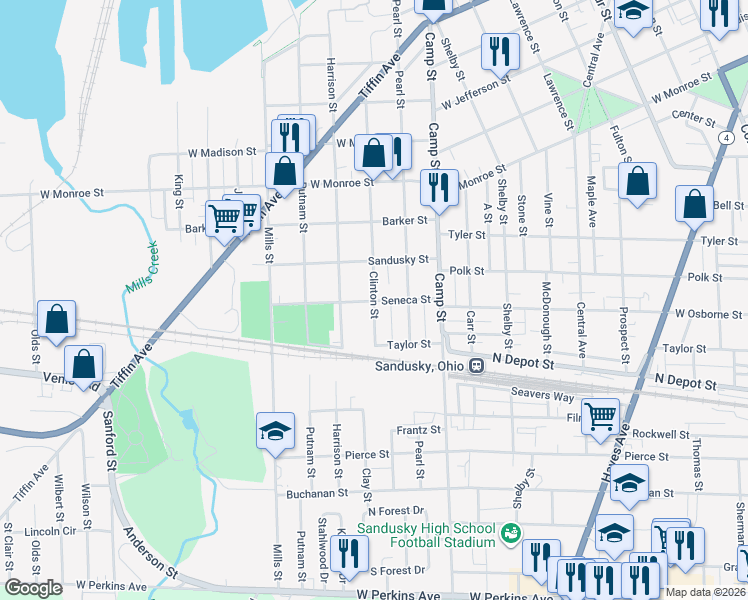 map of restaurants, bars, coffee shops, grocery stores, and more near Clinton Street in Sandusky