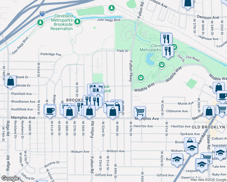 map of restaurants, bars, coffee shops, grocery stores, and more near 4153 West 49th Street in Cleveland