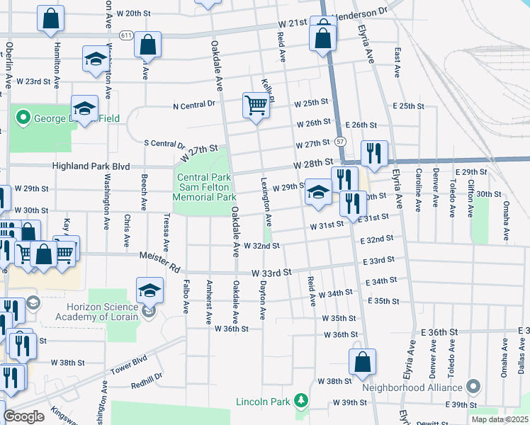 map of restaurants, bars, coffee shops, grocery stores, and more near 2914 Lexington Avenue in Lorain
