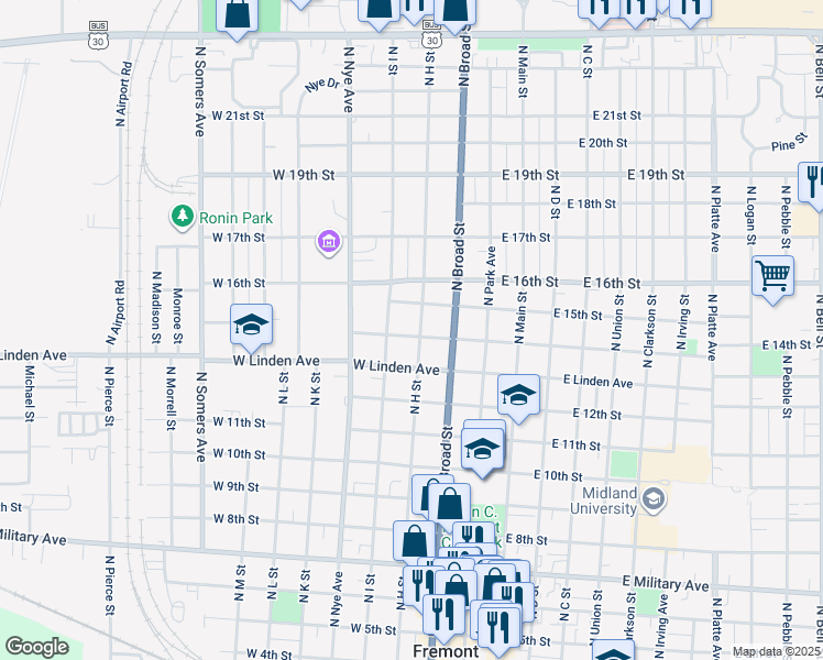 map of restaurants, bars, coffee shops, grocery stores, and more near 1455 North H Street in Fremont
