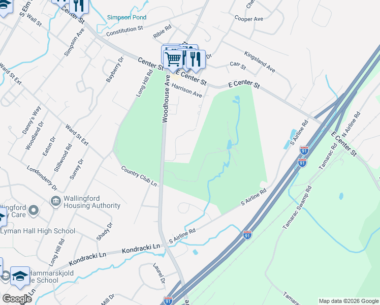 map of restaurants, bars, coffee shops, grocery stores, and more near 47 Putter Drive in Wallingford