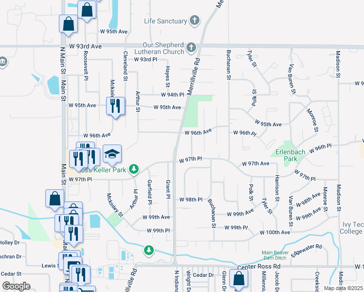 map of restaurants, bars, coffee shops, grocery stores, and more near in Crown Point