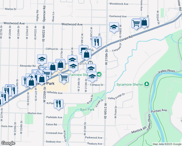 map of restaurants, bars, coffee shops, grocery stores, and more near 21255 Lorain Road in Cleveland