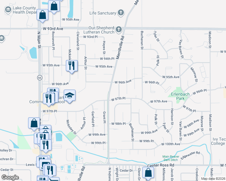 map of restaurants, bars, coffee shops, grocery stores, and more near in Crown Point
