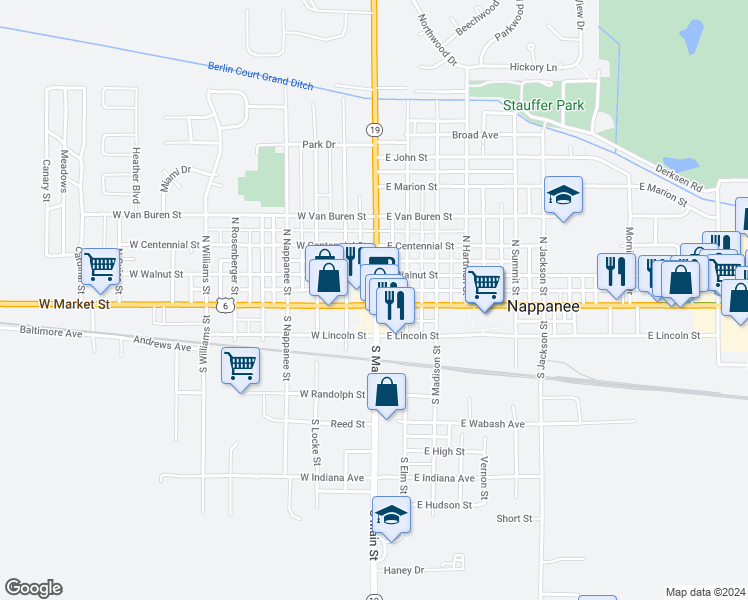 map of restaurants, bars, coffee shops, grocery stores, and more near 106 North Main Street in Nappanee