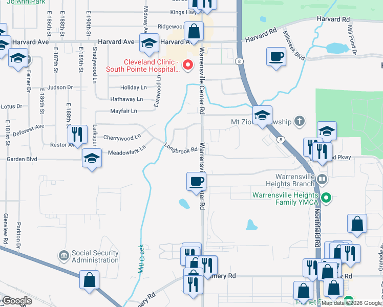 map of restaurants, bars, coffee shops, grocery stores, and more near 4275 Hickory Lane in Warrensville Heights