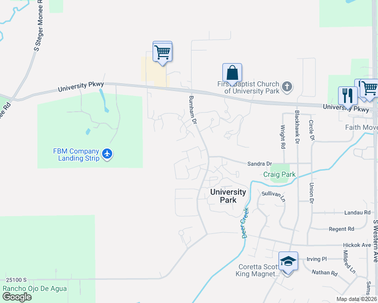 map of restaurants, bars, coffee shops, grocery stores, and more near 768 Mendocino Court in University Park