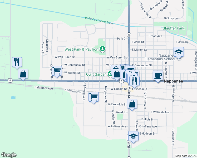 map of restaurants, bars, coffee shops, grocery stores, and more near 557 West Walnut Street in Nappanee