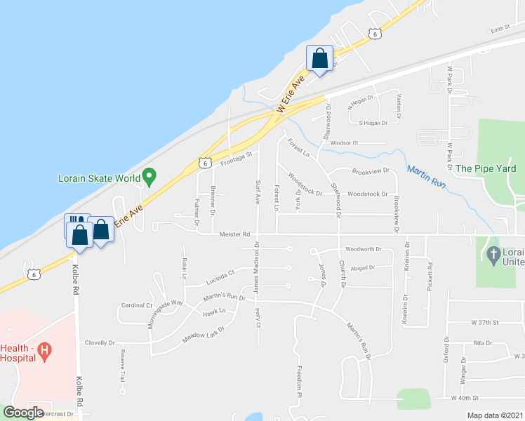 map of restaurants, bars, coffee shops, grocery stores, and more near 3007 Surf Avenue in Lorain