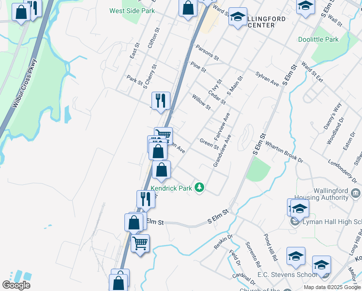map of restaurants, bars, coffee shops, grocery stores, and more near 7 Allen Avenue in Wallingford