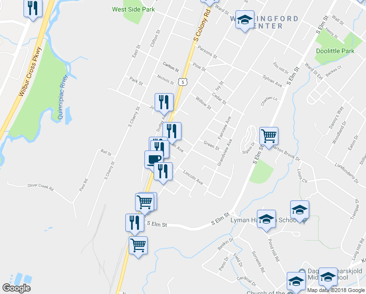 map of restaurants, bars, coffee shops, grocery stores, and more near 7 Allen Avenue in Wallingford