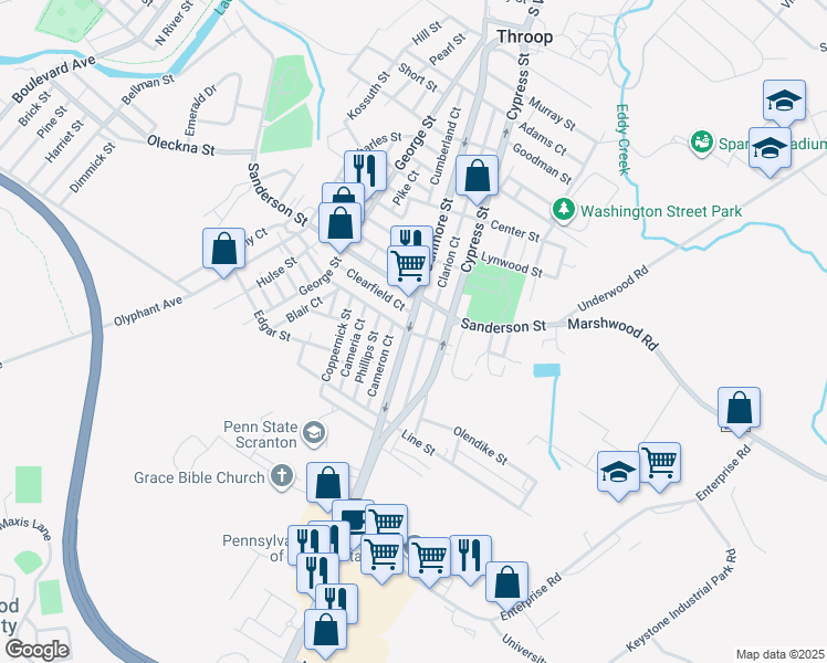 map of restaurants, bars, coffee shops, grocery stores, and more near 217 Dunmore Street in Throop